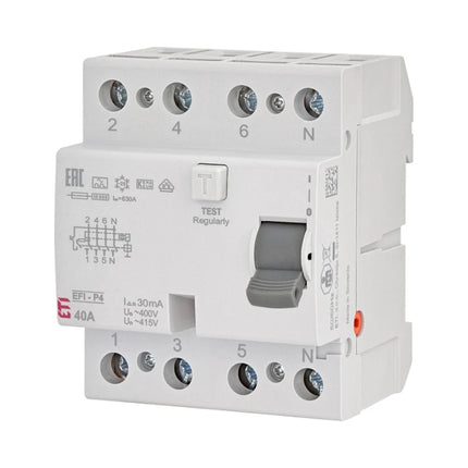 Interruptor diferencial de 4 polos, tipo A, 40 A, 30 mA, ETI