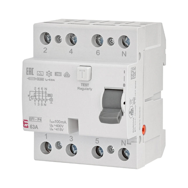 Interruptor diferencial (RCCB), 4 polos, 63 A, 100 mA, tipo A, ETI