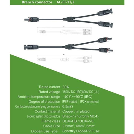 Conector solar GETI MC4: 2 hembras – 1 macho, 30 cm