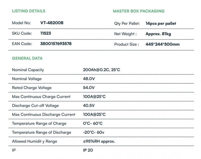 Batería fotovoltaica LiFePo4 de 9,6 kWh VT-48200B, V-TAC