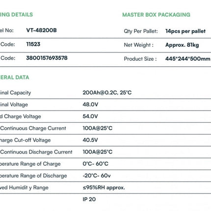 Batería solar LiFePo4 de 9,6 kWh, modelo VT-48200B, V-TAC