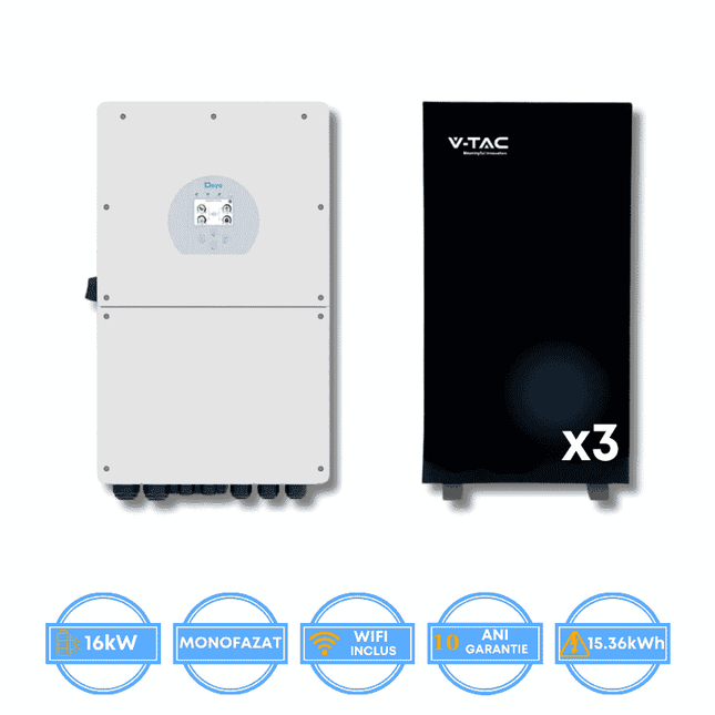 Inversor Deye de 16 kW, SUN-16K-SG01LP1-EU + batería V-TAC de 15,36 kWh