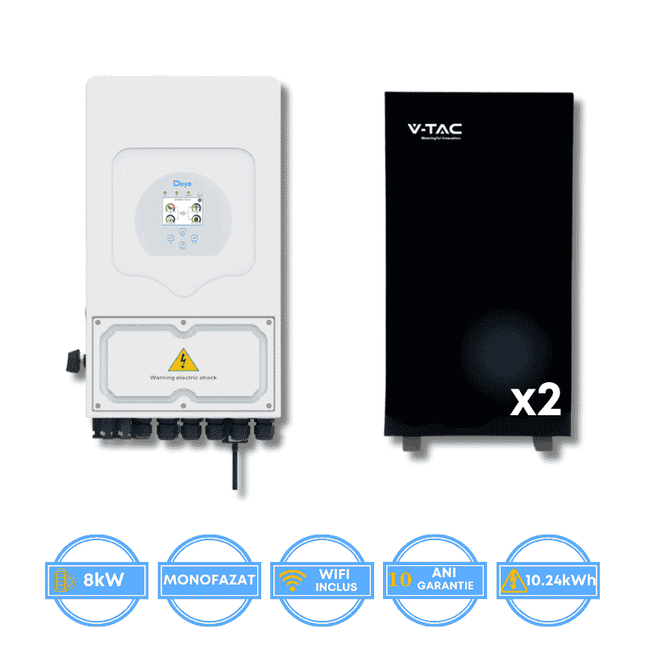 Inversor Deye de 8 kW, SUN-8K-SG05LP1-EU-AM2-P + batería V-TAC de 10,24 kWh