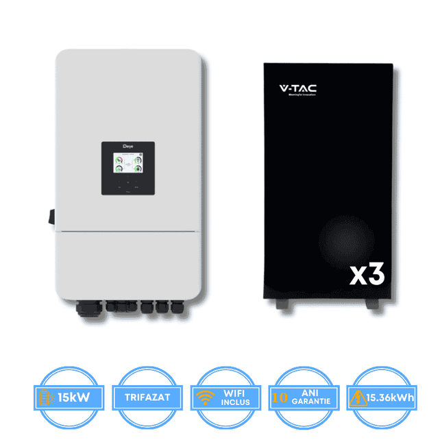 Inversor Deye de 15 kW, SUN-15K-SG05LP3-EU-SM2 + batería V-TAC de 15,36 kWh