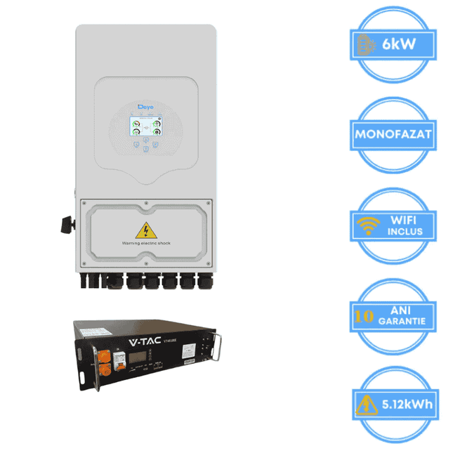 Inversor Deye de 6 kW, SUN-6K-SG05LP1-EU-AM2-P + batería V-TAC de 5,12 kWh