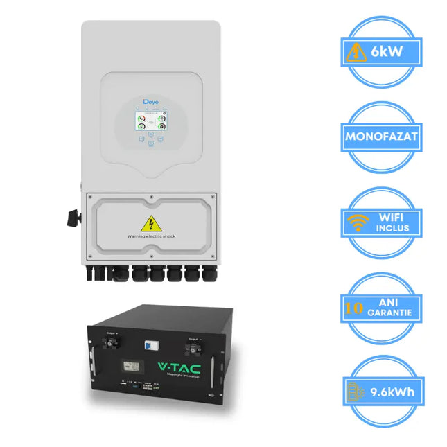 Inversor Deye de 6 kW, SUN-6K-SG05LP1-EU-AM2-P + batería V-TAC de 9,6 kWh