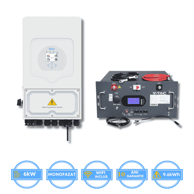 Inversor Deye de 6 kW, SUN-6K-SG05LP1-EU-AM2-P + batería V-TAC de 9,6 kWh